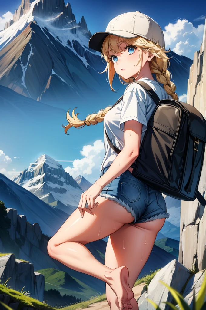 (beautiful and magnificent skyline, majestic sky), (extremely tense and dramatic pictures, moving visual effects), (high hanging Polaris, colorful natural light), (1girl), (long-sleeved top, denim shorts, carrying a backpack), (dynamic pose:1.3, Green eyes, white hime-cut hair, sparkling girl)[:0.8], (large grassland), (oncoming breeze), (white hair and background Coordination effect: 1.2), (close shot, long shot mix and match)[::0.9]