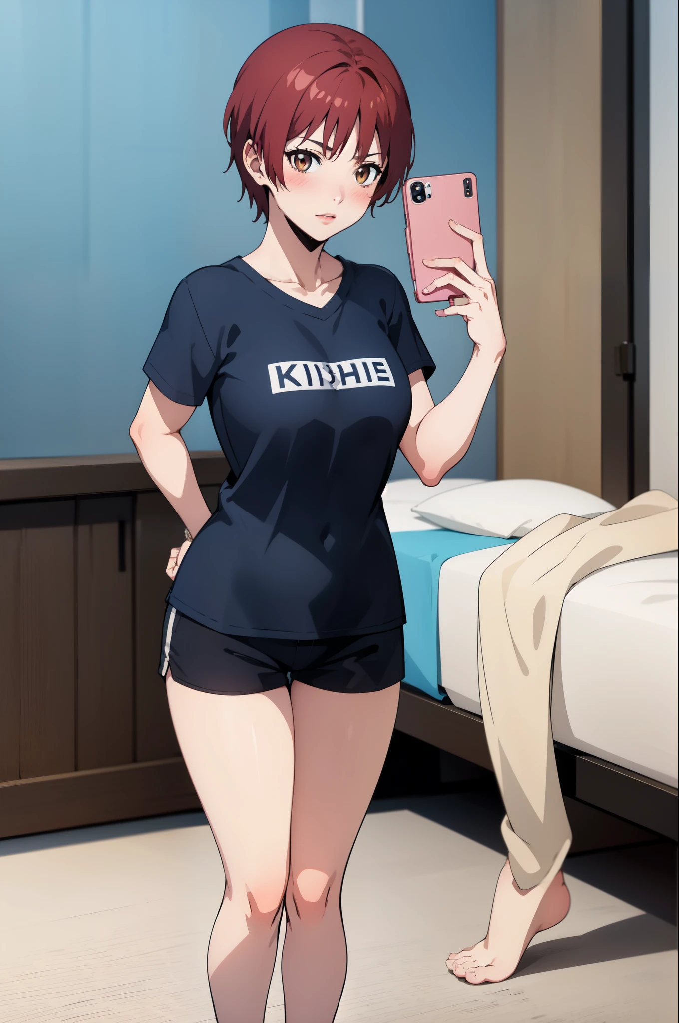 masterpiece,  best quality, highly detailed, KeiKsmt-KJ, t- shirt, shorts, bright eyes, blushing, selfie, stand pose, full body, feet visible, bed room background,