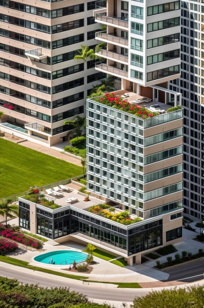 exterior of highrise apartment building, contemporary style, balconies, plants and flowers on balconies, vivid colour, beautiful landscape, stone pavement,cars, realistic, RAW photo, 8k uhd, dslr, soft lighting, high quality, film grain, Fujifilm XT3,masterpiece,