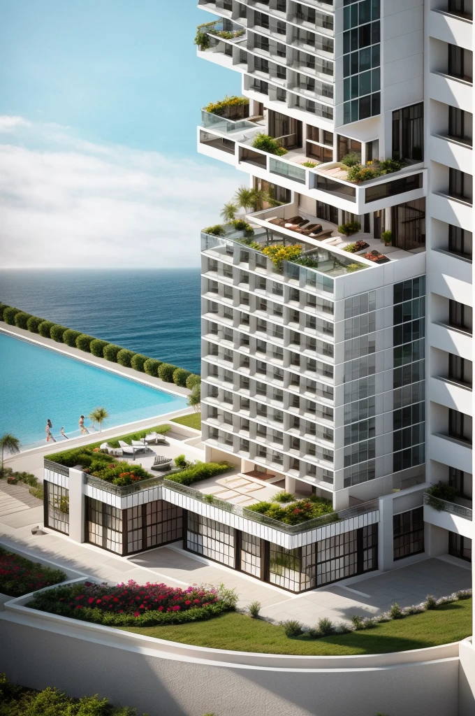 exterior of highrise apartment building, contemporary style, balconies, plants and flowers on balconies, vivid colour, beautiful landscape, stone pavement,cars, realistic, RAW photo, 8k uhd, dslr, soft lighting, high quality, film grain, Fujifilm XT3,masterpiece,