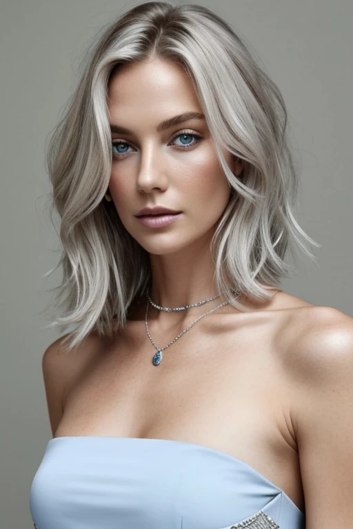 1 fille dans, 40 ans, seulement, cheveux longs, Colossal , regarder le spectateur, cheveux blond, bare shoulders, yeux gris bleus, bijoux, Tout le corps, un collier, off the shoulders, Chandails, Realistic, Un sexy