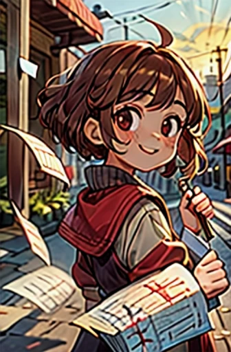 (((Masterpiece))),Best quality,Lots of paper,Girl,He smiles,outside,Brown hair,Red eyes,town