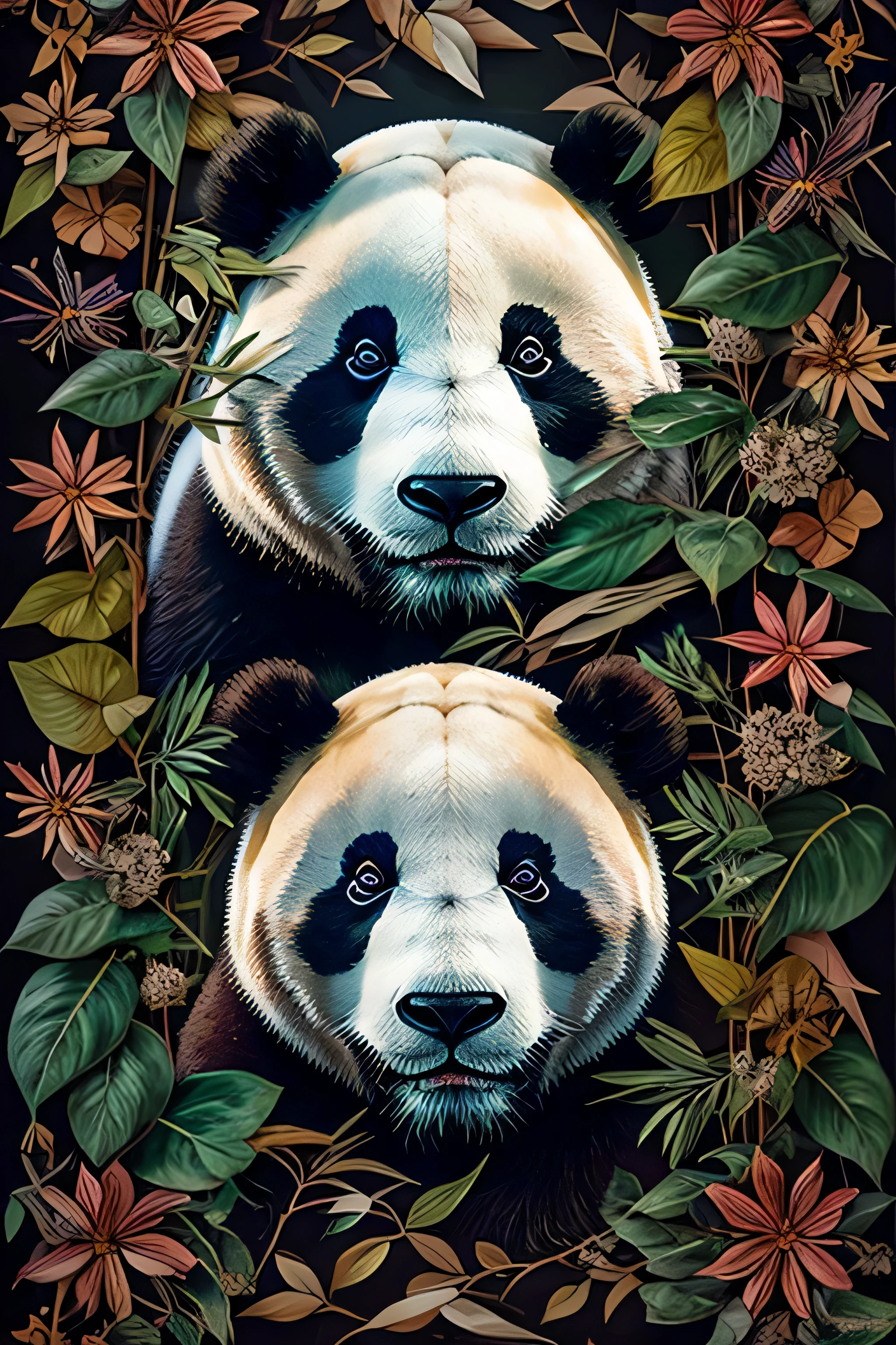 contemporary art collage, panda head, front，With flowers and leaves, some smart insects, painted, super detailed, full color, bright colors, 8K, actual 