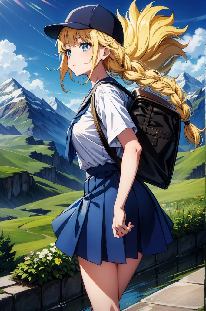 an anime back pack wearing woman walking past lush green hills  to a stream, outdoors, blonde hair, backpack, ass, bag, shirt, skirt, blue eyes, multiple girls, mountain, 2girls, white shirt, long hair, braid, denim, day, breasts, short sleeves, sweat, blue skirt, solo focus, mountainous horizon, sky,Eiko Tsukimi, blue eyes, braid, twin braid,blonde hair,baseball cap