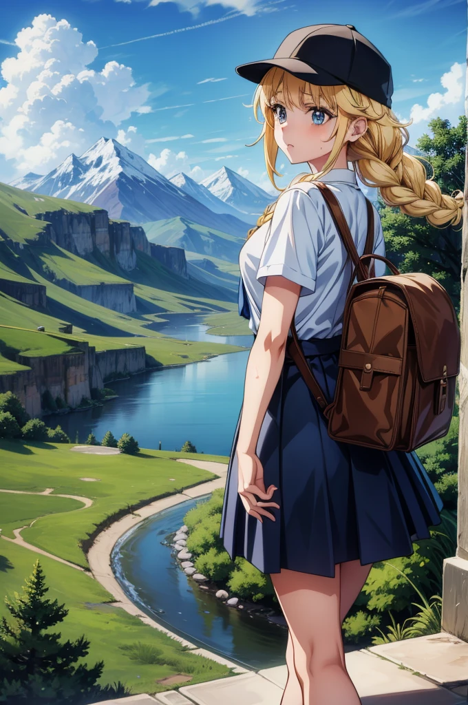 an anime back pack wearing woman walking past lush green hills to a stream, outdoors, blonde hair, backpack, ass, bag, shirt, skirt, blue eyes, multiple girls, mountain, 2girls, white shirt, long hair, braid, denim, day, breasts, short sleeves, sweat, blue skirt, solo focus, mountainous horizon, sky,Eiko Tsukimi, blue eyes, braid, twin braid,blonde hair,baseball cap