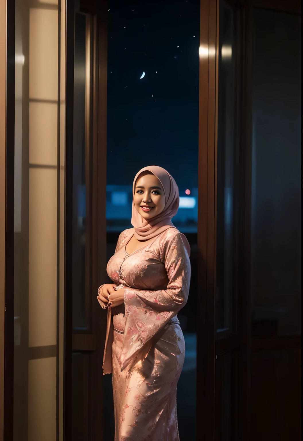 50 years Old, Hijab Indonesian, kebaya indonesia, mature woman, Big  : 3, doctor suit,curvy body, Breast about To burst out from her clothes, at doctor office, Dark light, at Nighttime.smile, 