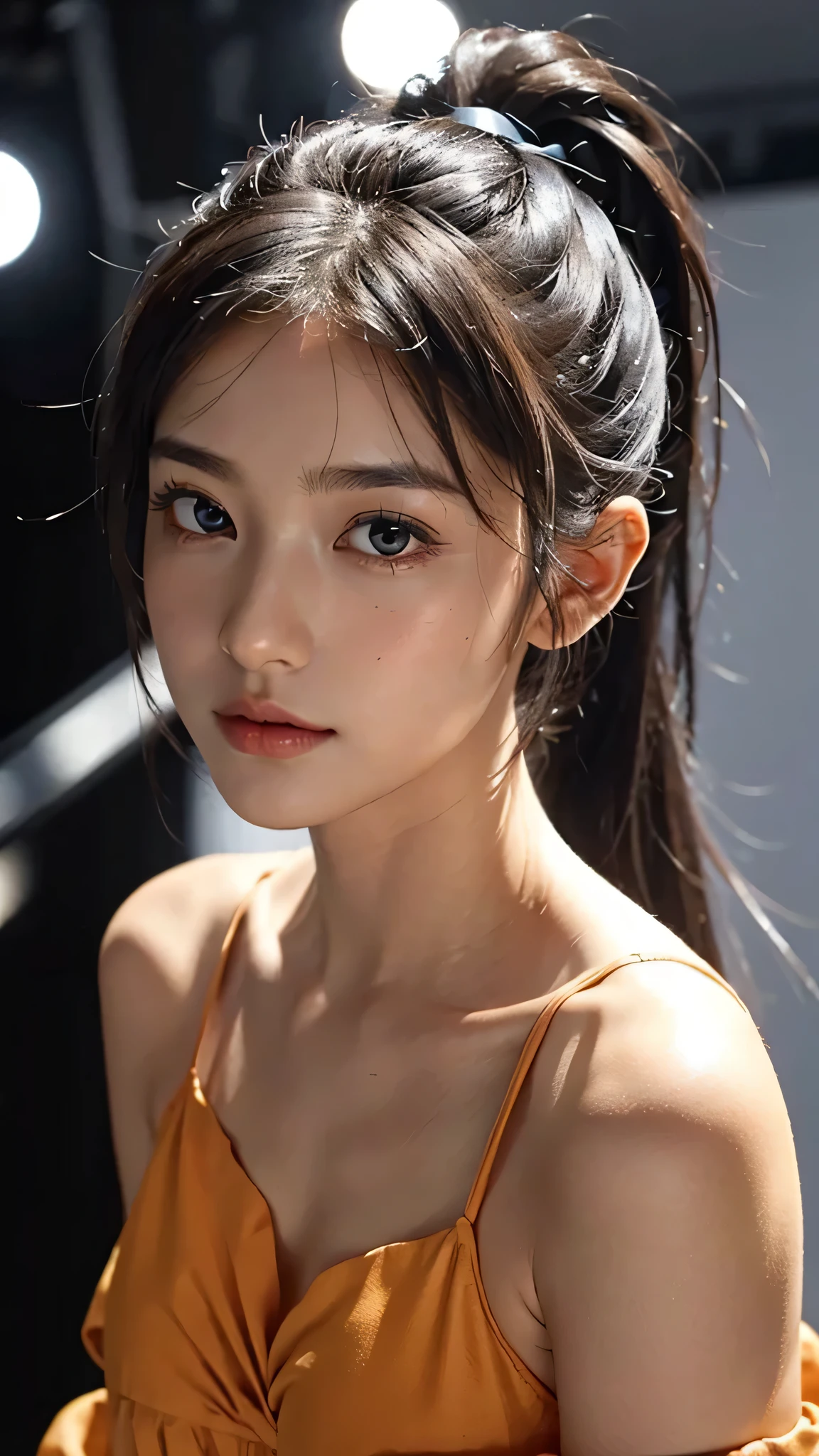 One woman,fully body photo,masutepiece, The highest image quality, High quality, the background is clear,Beautiful woman, Japanese, Detailed, Detailed eyes, Detailed skin, Beautiful skin, 超hight resolution, (reality: 1.4),Very beautiful woman, Slightly younger face, Beautiful skin, slender, (Ultra photo realsisim), (hight resolution), (8K), (Very detailed) (beautifully detailed eyes), (super detailed), (Detailed face), view the viewer, Fine details, Detailed face, Staring straight ahead, Staring straight ahead, photos realistic, Bright lighting, Professional Lighting, Black hair,poneyTail,a baby face,sixteen years old,Hairstyle is ponytail,long ponytail hairstyle,slight smile,Orange colored long dress with lots of ruffles, softly shaped skirt,Spotlight on stage,close-up of face,