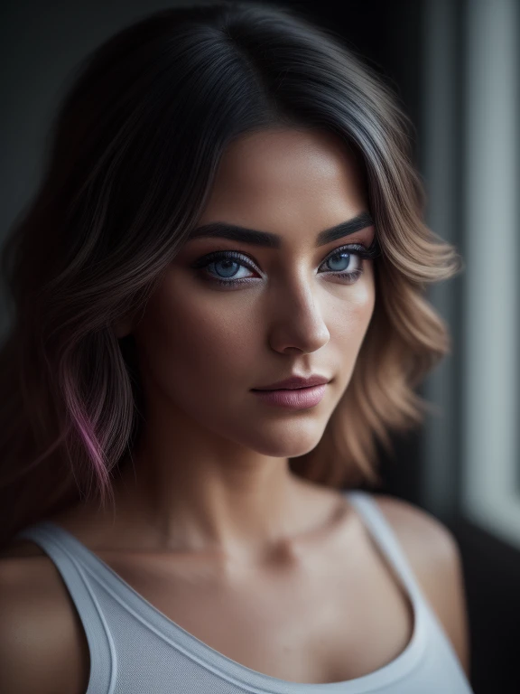 (BRUT, analogue, Objectif ultra grand angle Nikon Z 14 mm, photographie glamour primée, ((best quality)), ((chef-d'artwork)), ((Realistic)), pores de la peau, diffusion souterraine, rayons lumineux rayonnants, high resolution, detailed facial features, high detail, sharpness, lisse, aesthetic, extremely detailed, (extremely detailed eyes, extremely detailed iris), extremely detailed hair, extremely detailed skin, extremely detailed clothes, rendu d'octane, photoRealistic, Realistic, Post-traitement, maximum detail, Realistic shadows, roughness, Texture naturelle de la peau, vrai vie, ultra-Realistic, photorealism, La photographie, 8K UHD, La photographie, hdr, Complexe, elegant, Very detailed, sharpness, superbe, beau, Magnifique), (chef-d'artwork:1.2, best quality1:1, Ultra-detailed:1.2, meilleure ombre, 8K:1.1), (beau detailed face), High contrast, (Perfect lighting:1.2, beau color, delicate color), ((cinematic light)), hyper detail, Dramatic light, Complexe details, (1 fille), seulement, caucasien, cheveux bruns, cheveux courts, wavy hair, (yeux bleus), Angle dynamique, white tank top, jeans, Portrait
