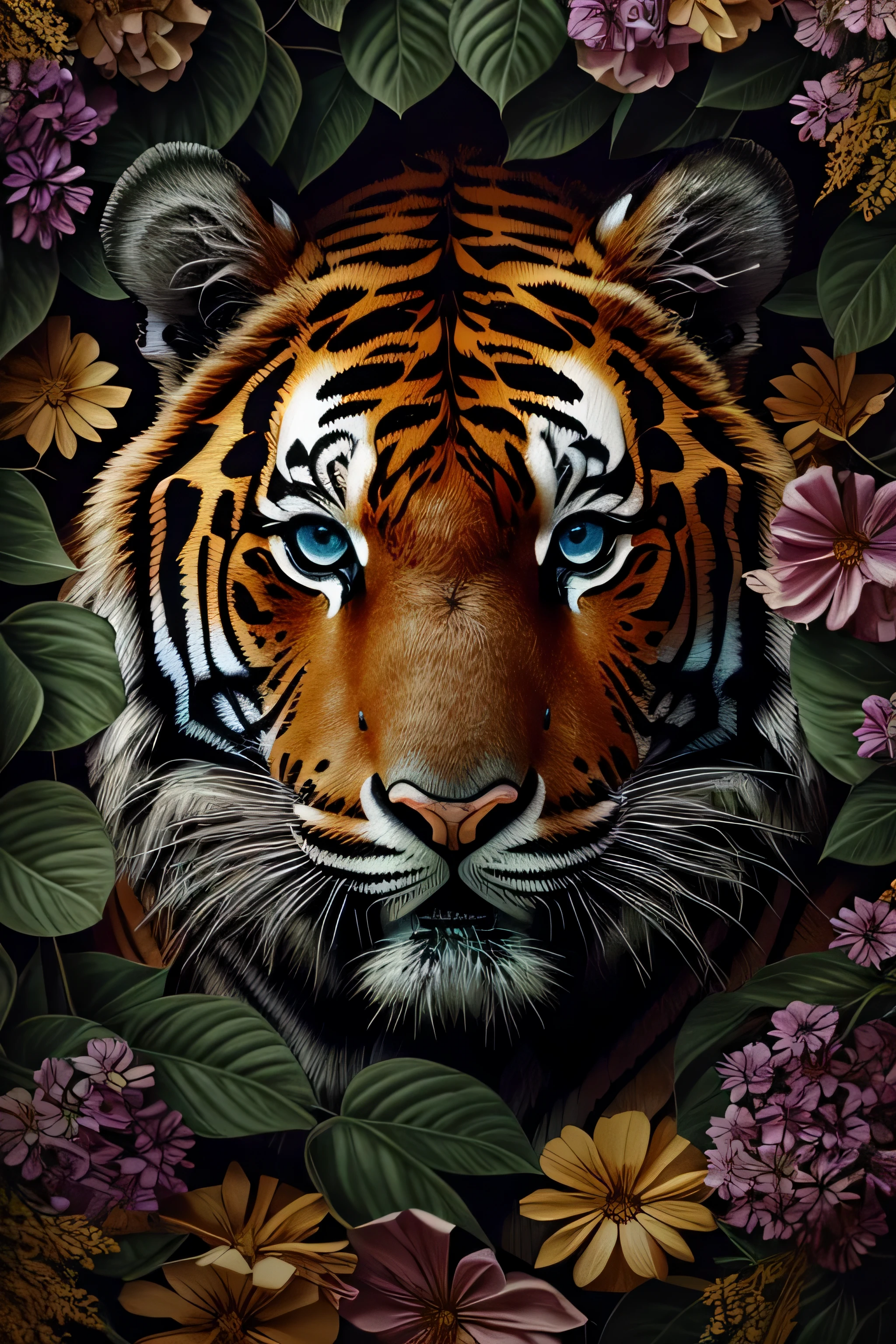 contemporary art collage, tiger big head, front view, With amidst blooming realistic flowers and leaves cover whole image, with Clear fur,some smart insects, painted, super detailed, full color, bright colors, 8K, actual , no white background, no extra head