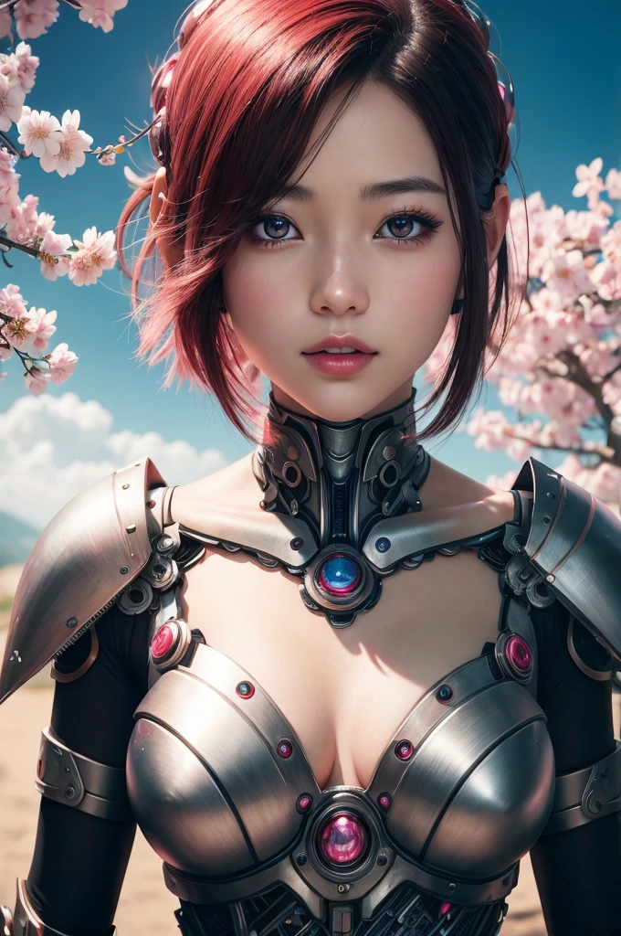 beautiful japanese young woman, wearing cyborg armor made of gear, thick symmetrical features, very short hair, background is cherry blossoms, pink aura, red lips, octane render,