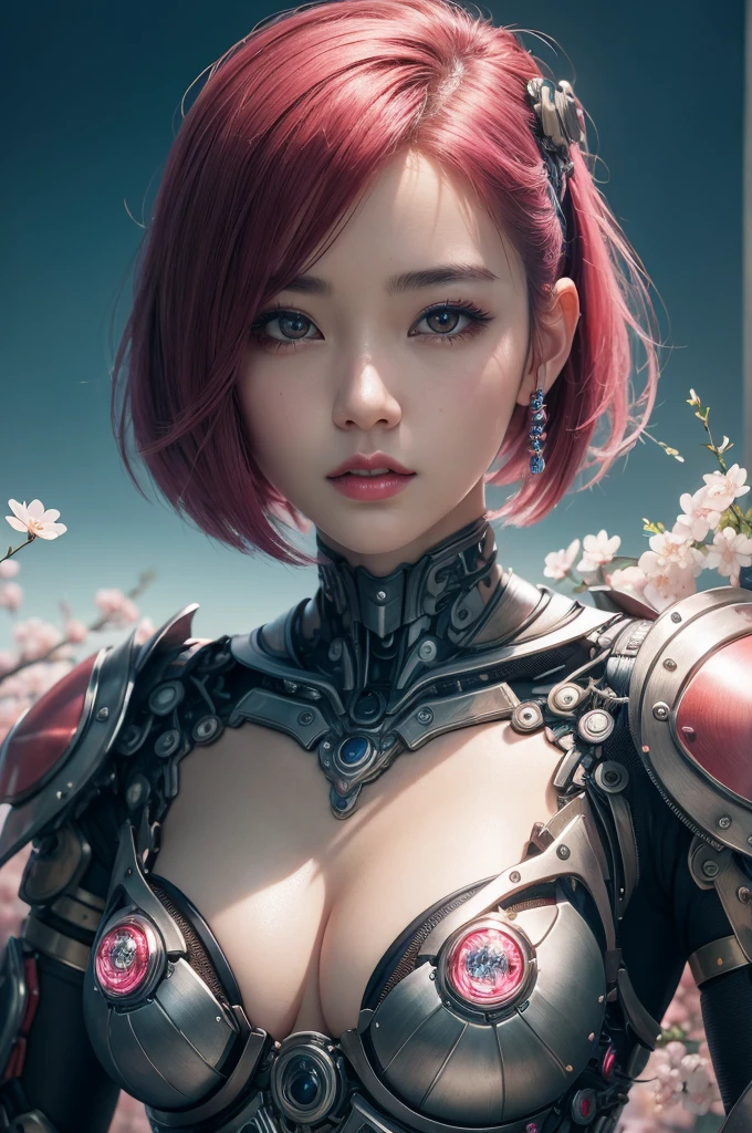 beautiful japanese young woman, wearing cyborg armor made of gear, thick symmetrical features, very short hair, background is cherry blossoms, pink aura, red lips, octane render,