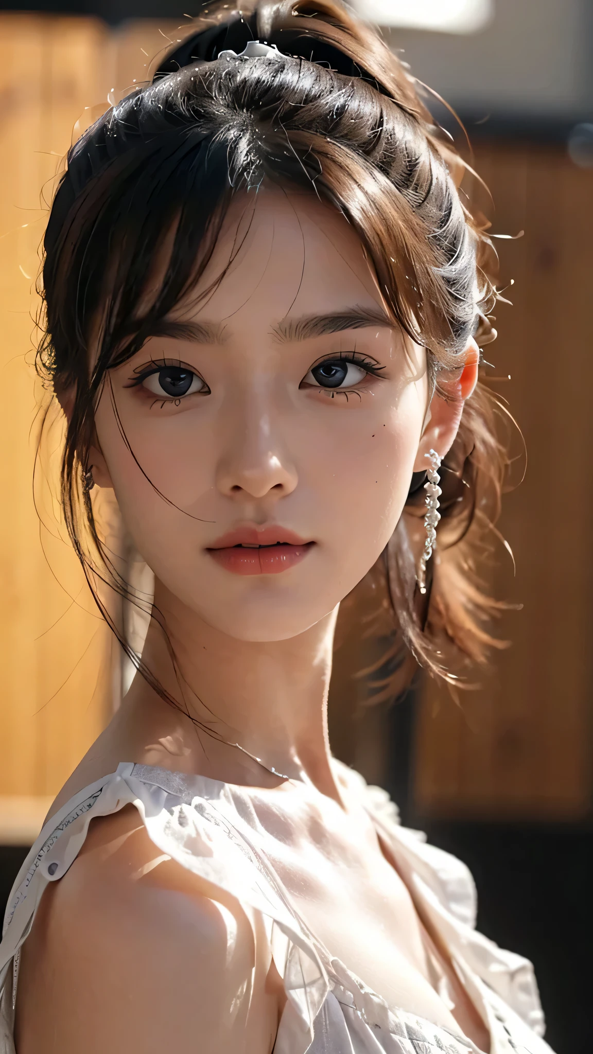 One woman,fully body photo,masutepiece, The highest image quality, High quality, the background is clear，Beautiful woman, Japanese, Detailed, Detailed eyes, Detailed skin, Beautiful skin, 超hight resolution, (reality: 1.4),Very beautiful woman, Slightly younger face, Beautiful skin, slender, (Ultra photo realsisim), (hight resolution), (8K), (Very detailed) (beautifully detailed eyes), (super detailed),   (Detailed face), view the viewer, Fine details, Detailed face, Staring straight ahead, Staring straight ahead, photos realistic, Bright lighting, Professional Lighting, Black hair,poneyTail,a baby face,sixteen years old,Hairstyle is ponytail,long ponytail hairstyle,slight smile,Orange colored long dress with lots of ruffles, softly shaped skirt,Spotlight on stage,close-up of face, 