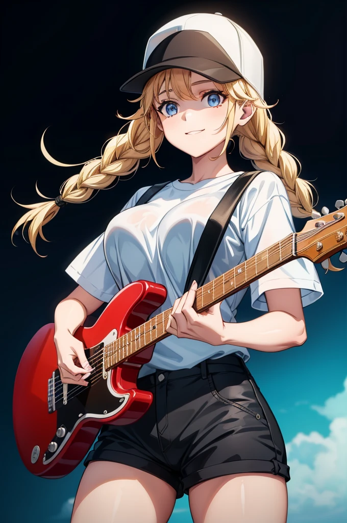 a woman playing a guitar wearing a baseball cap with a white shirt and black pants, 1girl, instrument, solo, hat, shorts, blue eyes, braid, twin braids, long hair, blonde hair, black shorts, shirt, smile, guitar, white shirt, black headwear, short sleeves, looking at viewer, baseball cap, holding instrument, breasts, electric guitar