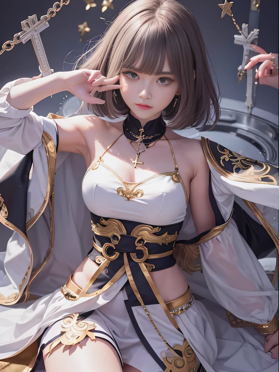 Draw Animated character set-up drawings.The background is pure white and the character's standing illustration:Magical Girl Religia, Hairstyle Short bob, bangs parted diagonally, Accessories cross necklace, Tops Black sleeveless top with gold embroidered cross, Bottoms Long skirt with slit, Color Black and gold, Expression Dignified and serious, Height 165cm, Personality Strong sense of justice and strong will.,((knee))