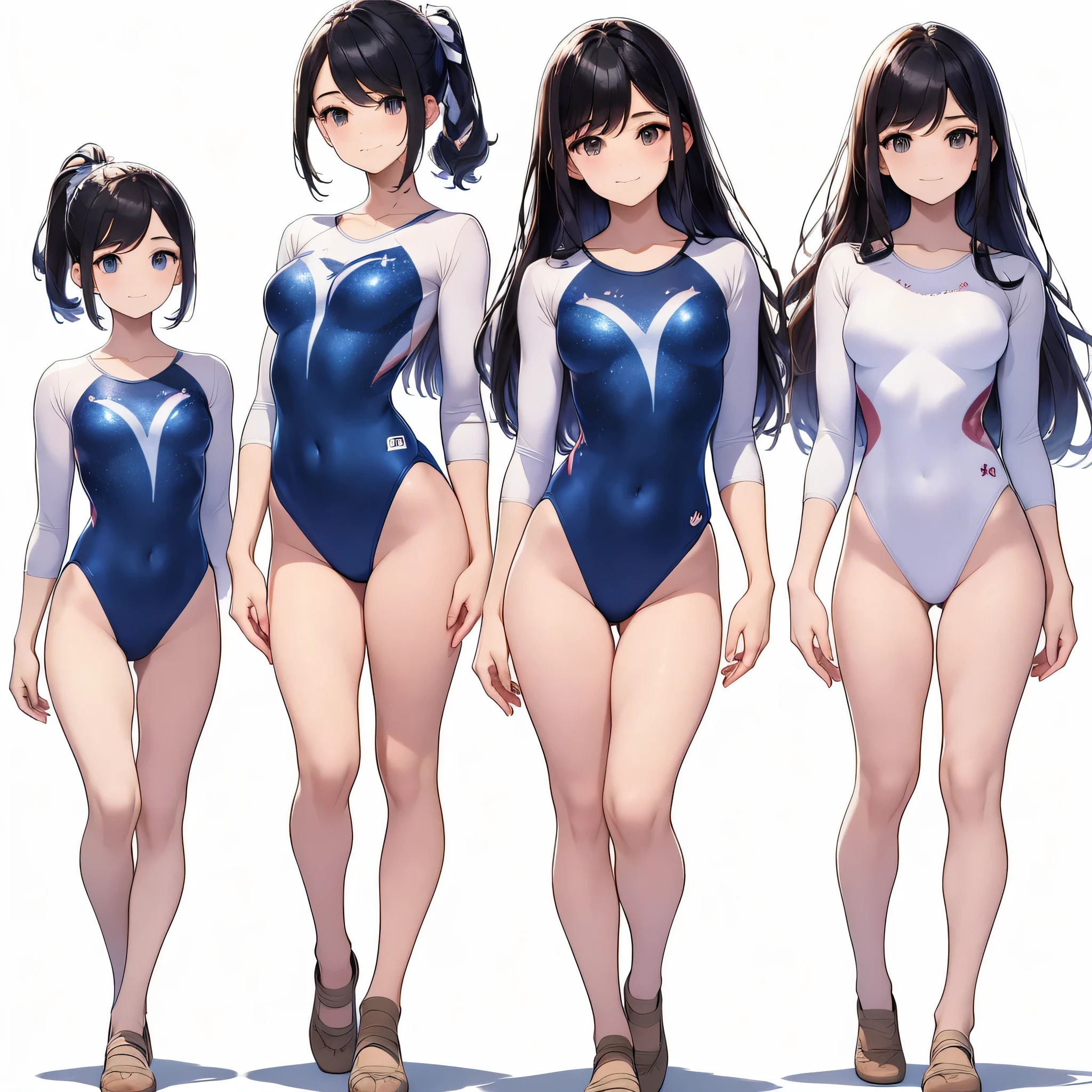((full body)),(masterpiece, best quality), (3 girls1.5) ,((Contrapposto:1.5)), looking at viewer, walking,((v_arms:1.2)), (wearing gymnastics_longsleeves_leotard_outfit leotard:1.3),(blue leotard) ,(galaxy print:1.3), BREAK masterpiece black hair, ((long hair:1.2)), ((parted bangs:1.3)), black eyes, good hand, ((small breasts)), (over 20 years old, under 25 years old:1.2), , spotlight, happy, smile, BREAK in the class room