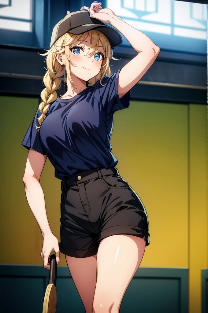 a blonde woman is posing in a baseball cap wearing a tshirt and short shorts, 1girl, solo, twin braids, hat, blonde hair, braid, long hair, shorts, blue eyes, smile, black shorts, baseball cap, shirt, black headwear, short sleeves, looking at viewer, breasts, blush