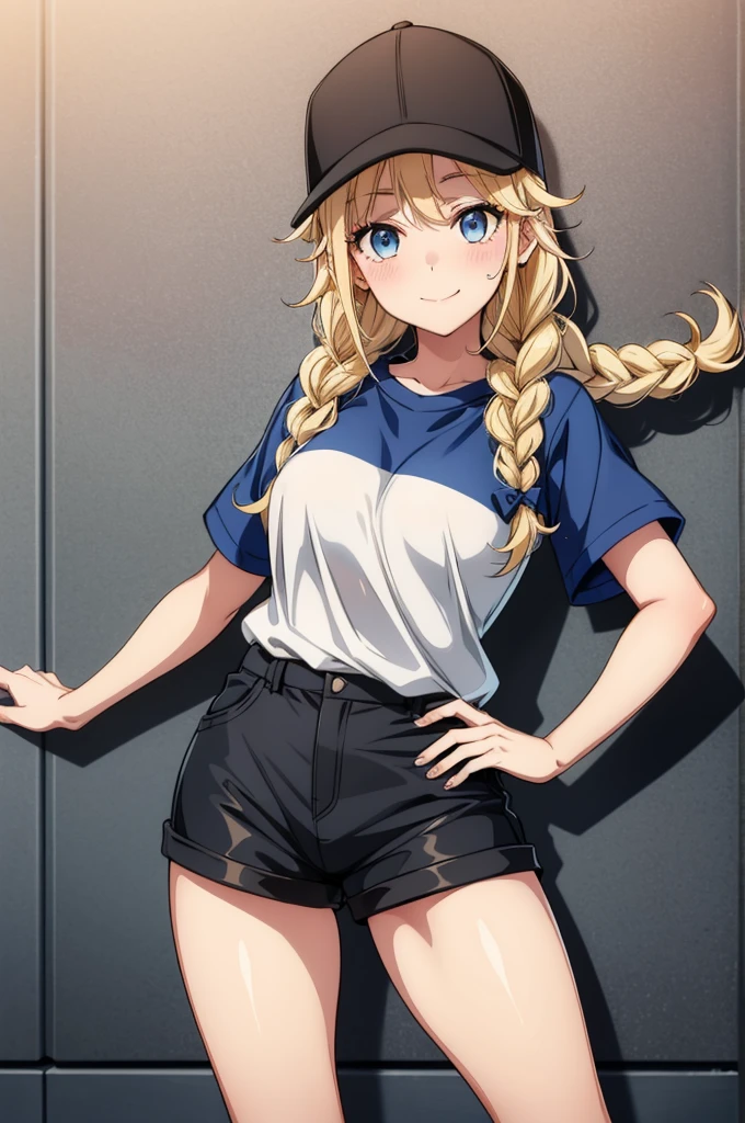 a blonde woman is posing in a baseball cap wearing a tshirt and short shorts, 1girl, solo, twin braids, hat, blonde hair, braid, long hair, shorts, blue eyes, smile, black shorts, baseball cap, shirt, black headwear, short sleeves, looking at viewer, breasts, blush