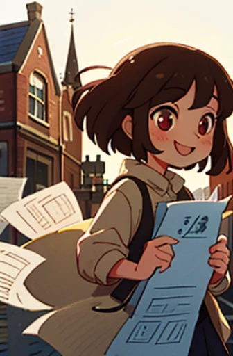 a lot of paper,girl,smile,outdoor,brown hair,red eyes,town