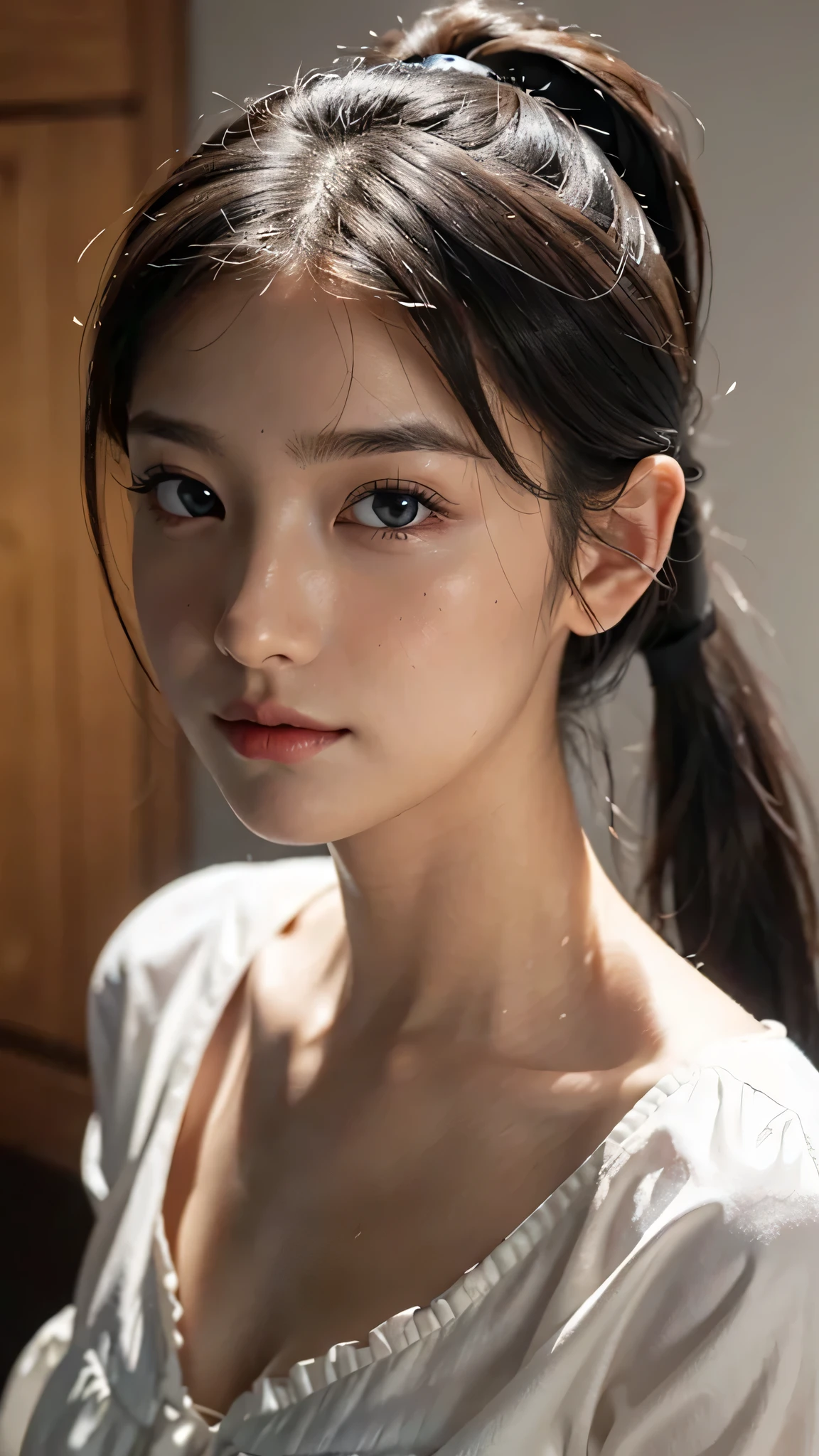 One woman,fully body photo,masutepiece, The highest image quality, High quality, the background is clear,Beautiful woman, Japanese, Detailed, Detailed eyes, Detailed skin, Beautiful skin, 超hight resolution, (reality: 1.4),Very beautiful woman, Slightly younger face, Beautiful skin, slender, (Ultra photo realsisim), (hight resolution), (8K), (Very detailed) (beautifully detailed eyes), (super detailed), (Detailed face), view the viewer, Fine details, Detailed face, Staring straight ahead, Staring straight ahead, photos realistic, Bright lighting, Professional Lighting, Black hair,poneyTail,a ,sixteen ye is ponytail,long ponytail hairstyle,slight smile,Orange colored long dress with lots of ruffles, softly shaped skirt,Spotlight on stage,close-up of face,