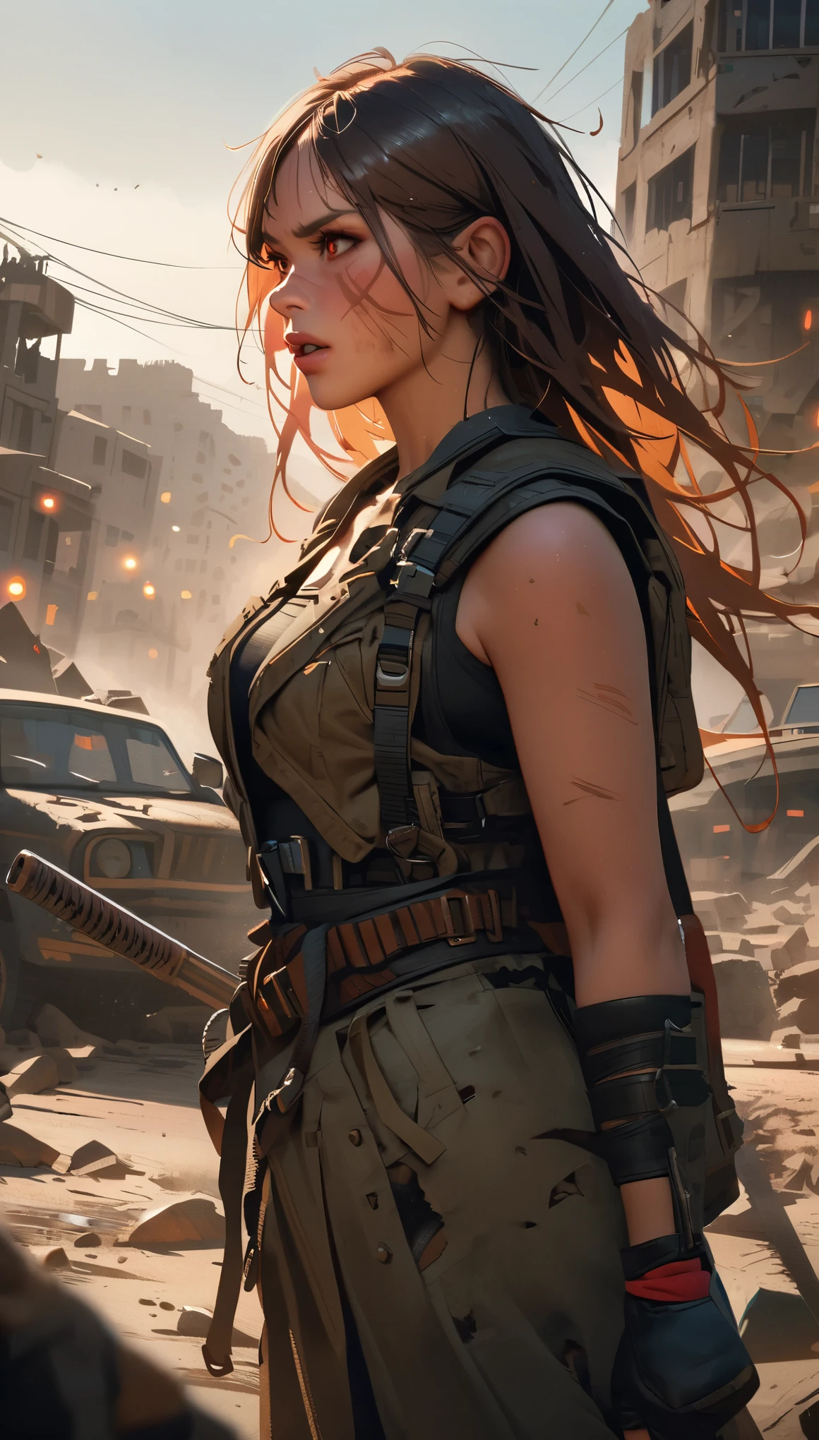 (best quality,uhd,realistic:1.2),extremely detailed,portrait of Charlieze Theron as Furiosa from Mad Max Fury Road,(postapocalyptic,desolate,ruined wasteland:1.1),Fujifilm xt3 film grain,(moody lighting,dramatic atmosphere:1.1),captivating expression,grim determination,strong female character,scared look,gritty texture,ripped clothing,facial scars,smeared dirt on the face,dusty surroundings,harsh sunlight,powerful stance,emotional intensity,weapons strapped to her body,motorbikes and vehicles in the background,desaturated color palette,contrasting colors,splashes of red,piercing eyes,long flowing hair,wisps of hair blowing in the wind,weathered and worn accessories,detailed background with destroyed buildings and debris,depth of field effect to enhance focus on the protagonist,bokeh effect to create a cinematic feel.