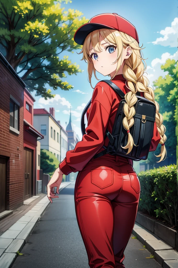 a female character with blonde hair and a red backpack on the sidewalk, 1girl, outdoors, braid, ass, solo, blonde hair, bag, long hair, pants, from behind, backpack, day, twin braids, tree, sky,Eiko Tsukimi, blue eyes, braid, twin braid,blonde hair,baseball cap