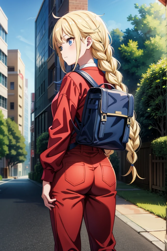 a female character with blonde hair and a red backpack on the sidewalk, 1girl, outdoors, braid, ass, solo, blonde hair, bag, long hair, pants, from behind, backpack, day, twin braids, tree, sky,Eiko Tsukimi, blue eyes, braid, twin braid,blonde hair,baseball cap