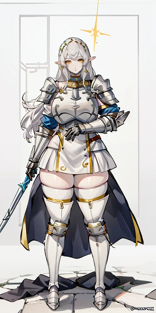 masterpiece, best quality, high quality, 1solo white SKIN elf, long hair, white hair, yellow eyes, full body, def_effie, blue breastplate, looking at viewer, shiny,armor, thighhighs, high boots,shoulder armor, faulds, poleyn, gloves, gauntlets