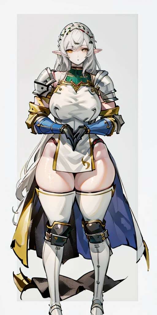 masterpiece, best quality, high quality, 1solo white SKIN elf, long hair, white hair, yellow eyes, full body, def_effie, blue breastplate, looking at viewer, shiny,armor, thighhighs, high boots,shoulder armor, faulds, poleyn, gloves, gauntlets