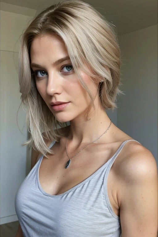 1 fille dans, 40 ans, seulement, cheveux longs, Colossal , regarder le spectateur, cheveux blond, bare shoulders, yeux gris bleus, bijoux, Tout le corps, un collier, off the shoulders, Chandails, Realistic, Un sexy