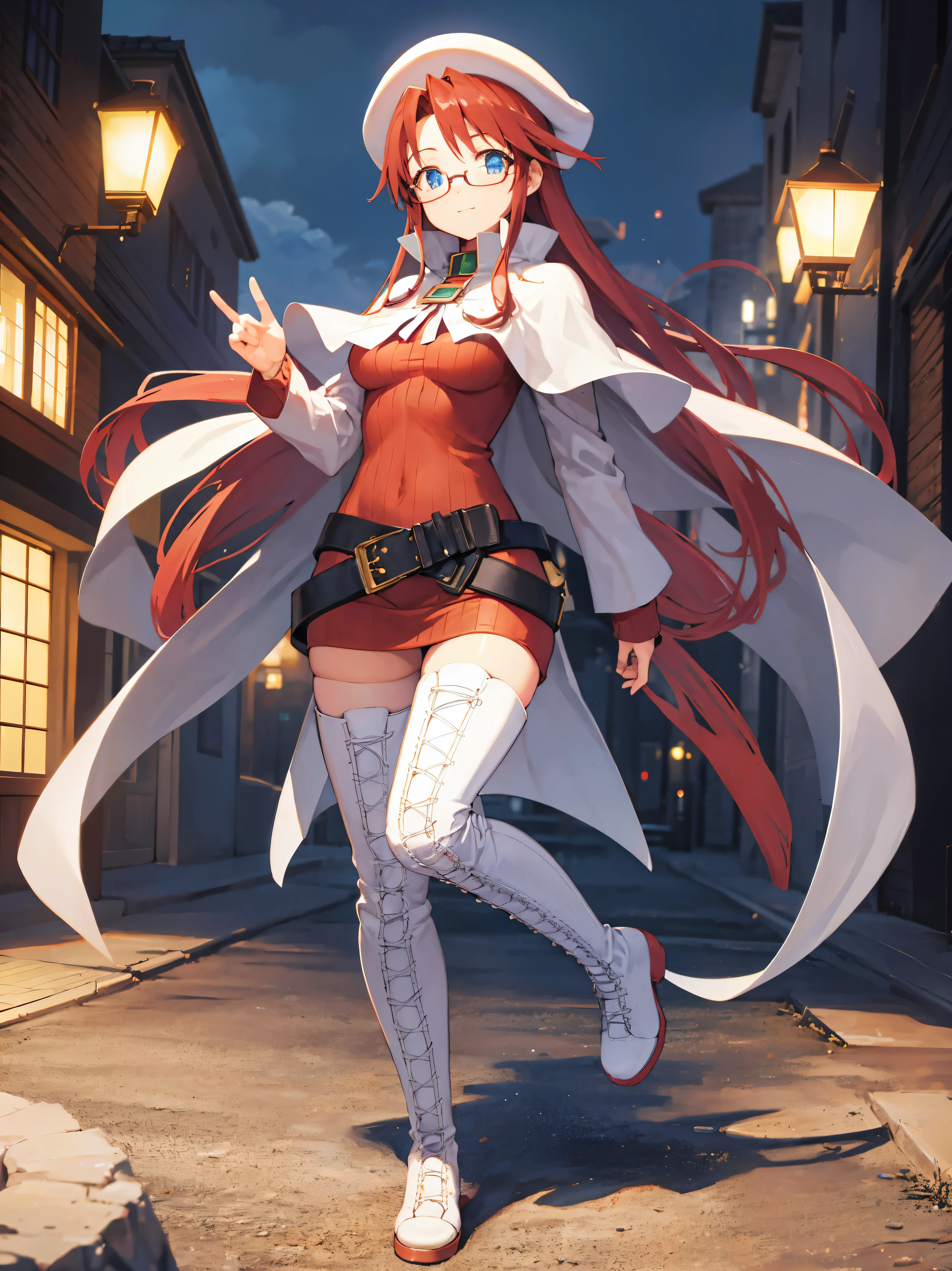 summonnightaty, aty, long hair, blue eyes, red hair, beret, hat, glasses,
BREAK long hair, thighhighs, hat, dress, boots, glasses, belt, cape, sweater, zettai ryouiki, beret, thigh boots, white footwear, ribbed sweater, loose belt,solo,
BREAK outdoors, fantasy,on_a_ship,
BREAK (masterpiece:1.2), best quality, high resolution, unity 8k wallpaper, (illustration:0.8), (beautiful detailed eyes:1.6), extremely detailed face, perfect lighting, extremely detailed CG, (perfect hands, perfect anatomy),covered_nipples,covered_navel,light_smile ,(half_eyes:1.4),sword,armpit,sleepy,dynamic_standing,barrel,red_sweater,apart_legs,magical_effect,