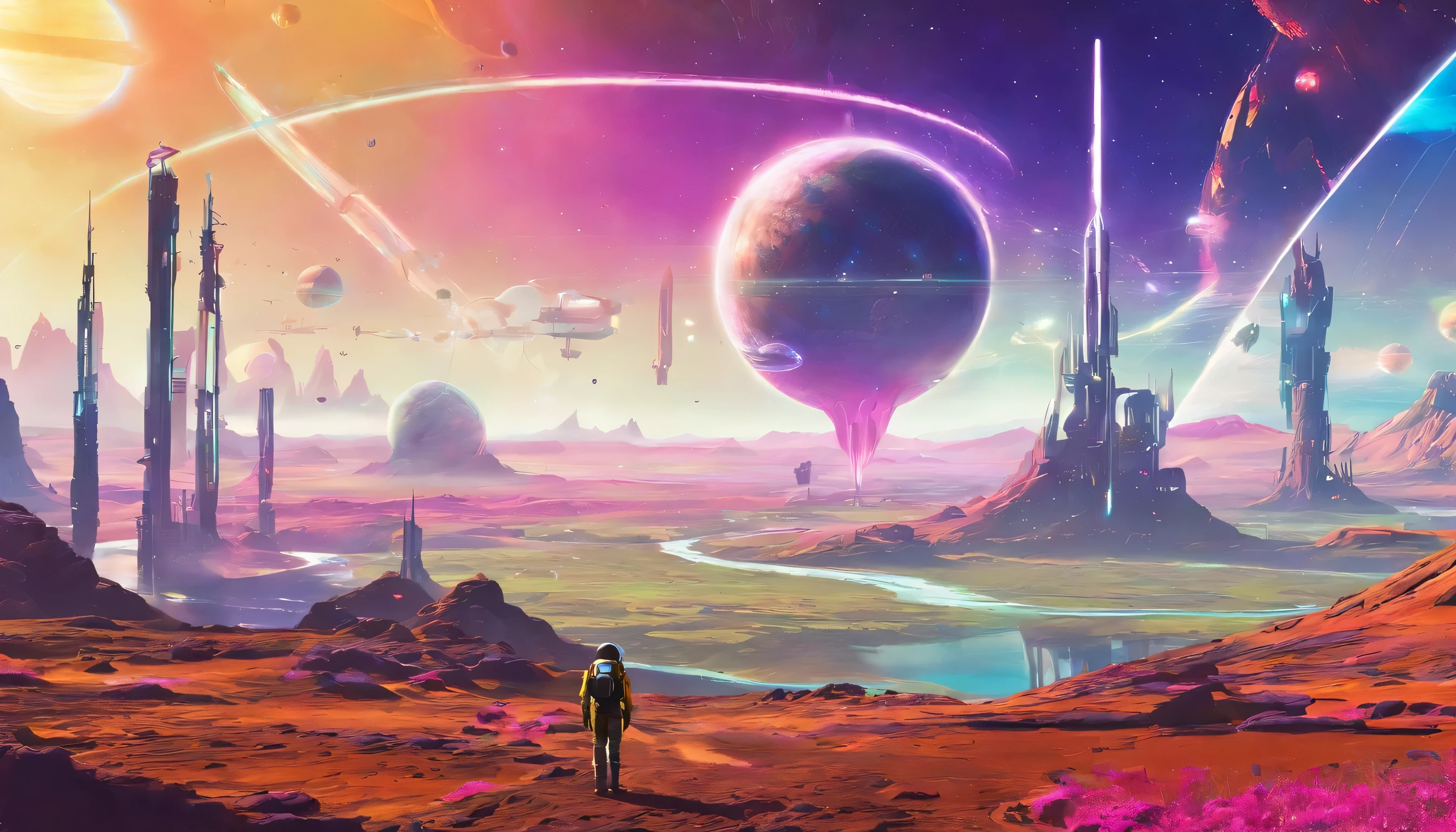 "Produza uma imagem com tema espacial, inspirada em jogos como No Man's Sky . Inclua elementos como naves espaciais, Exotic Planets, . Be sure to capture the epic and intriguing atmosphere of these fantasy adventure worlds."