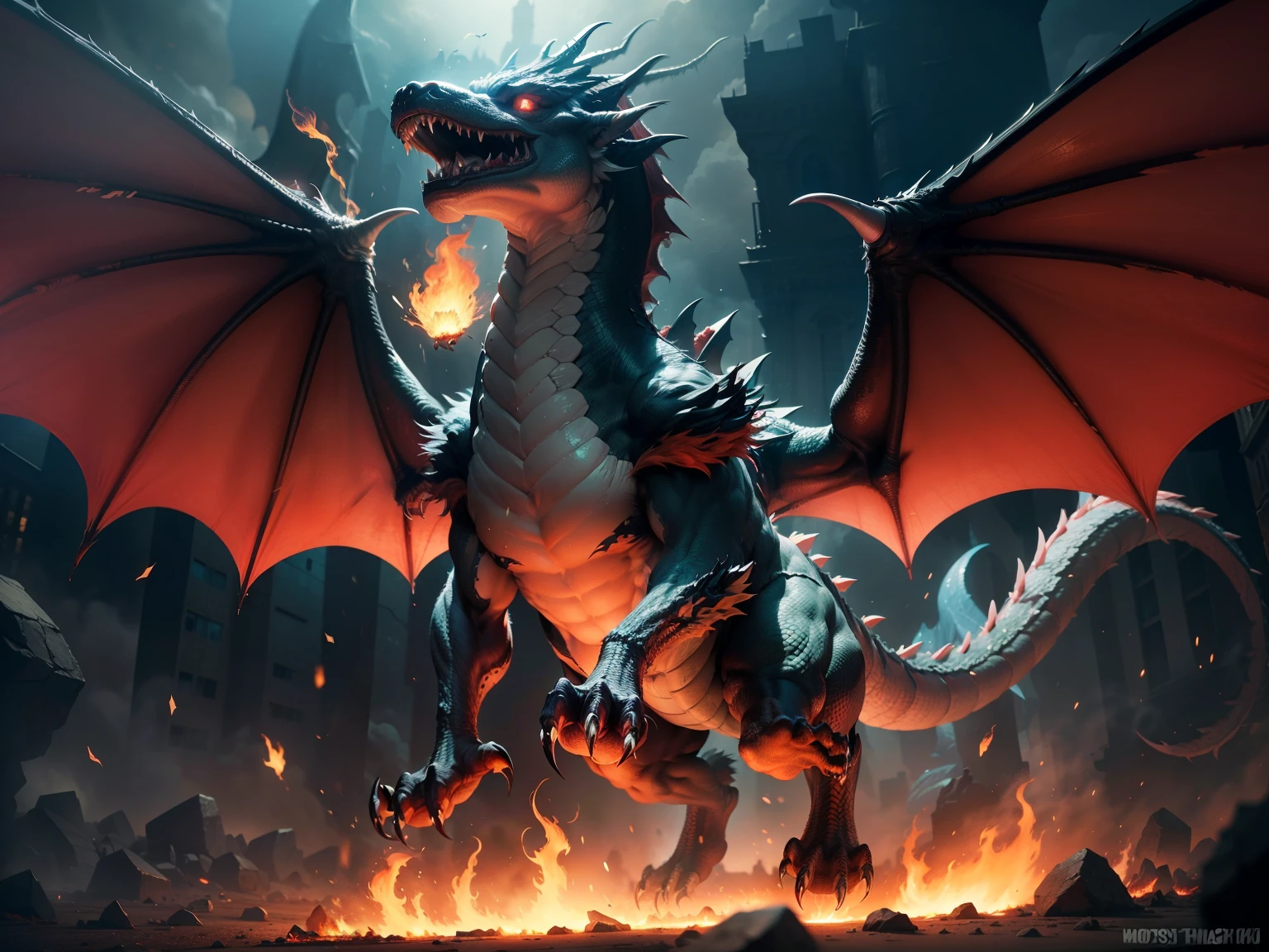 (best quality,4k,8k,highres,masterpiece:1.2),ultra-detailed,realistic,dragon with a pitbull-like head,enormous demonic wings,frontal view,charging towards the viewer,fire-breathing,vivid colors,sharp focus,bokeh,dark fantasy style,glowing eyes,dangerous presence