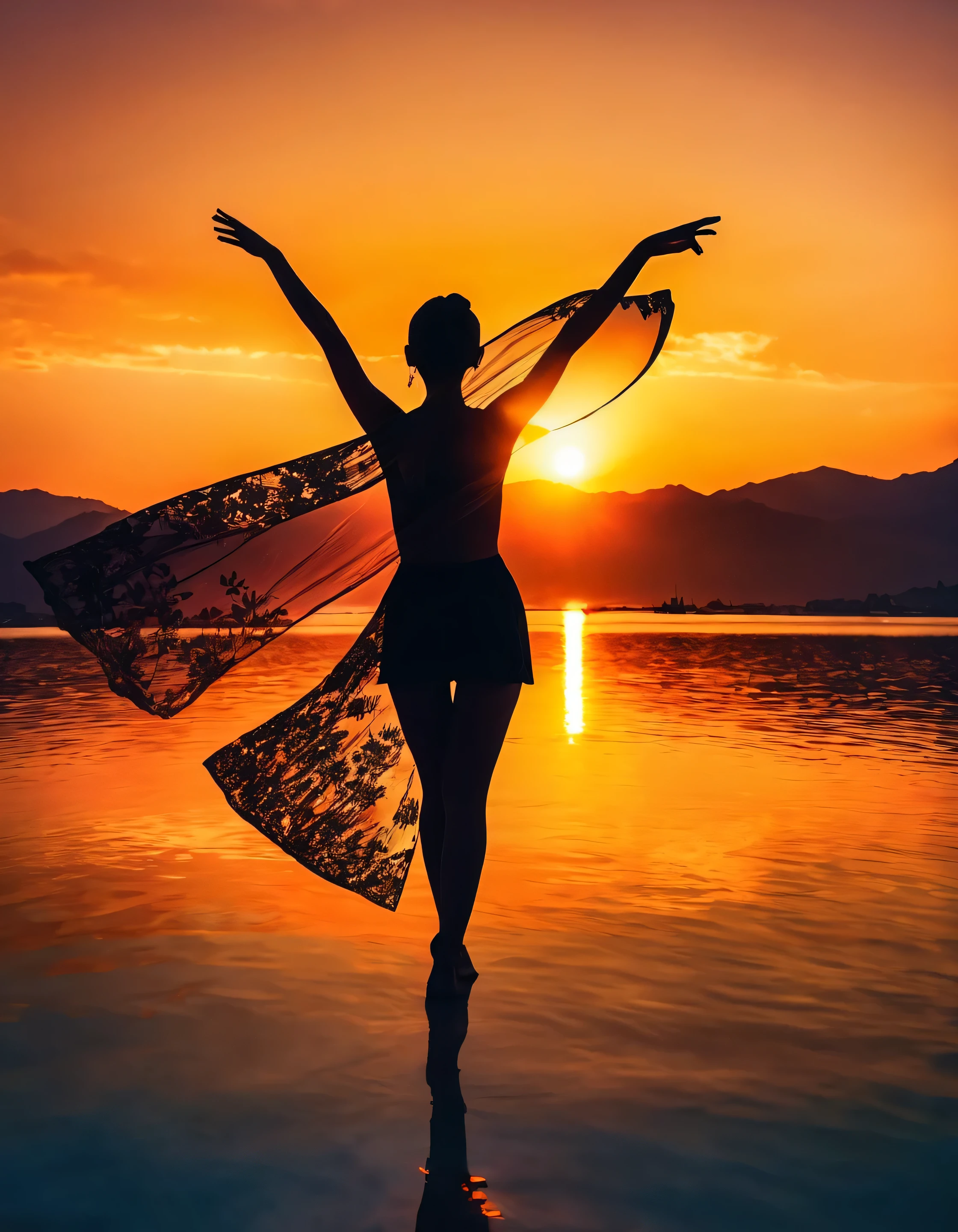 (masterpiece, best quality:1.2), 1girl, solo, standing_split, Silhouette photo of 1woman, multiple exposure, sunset, enhance, intricate, high-saturation, (best quality, masterpiece, Representative work, UHD, HIghres, Professional, 8k wallpaper:1.3)