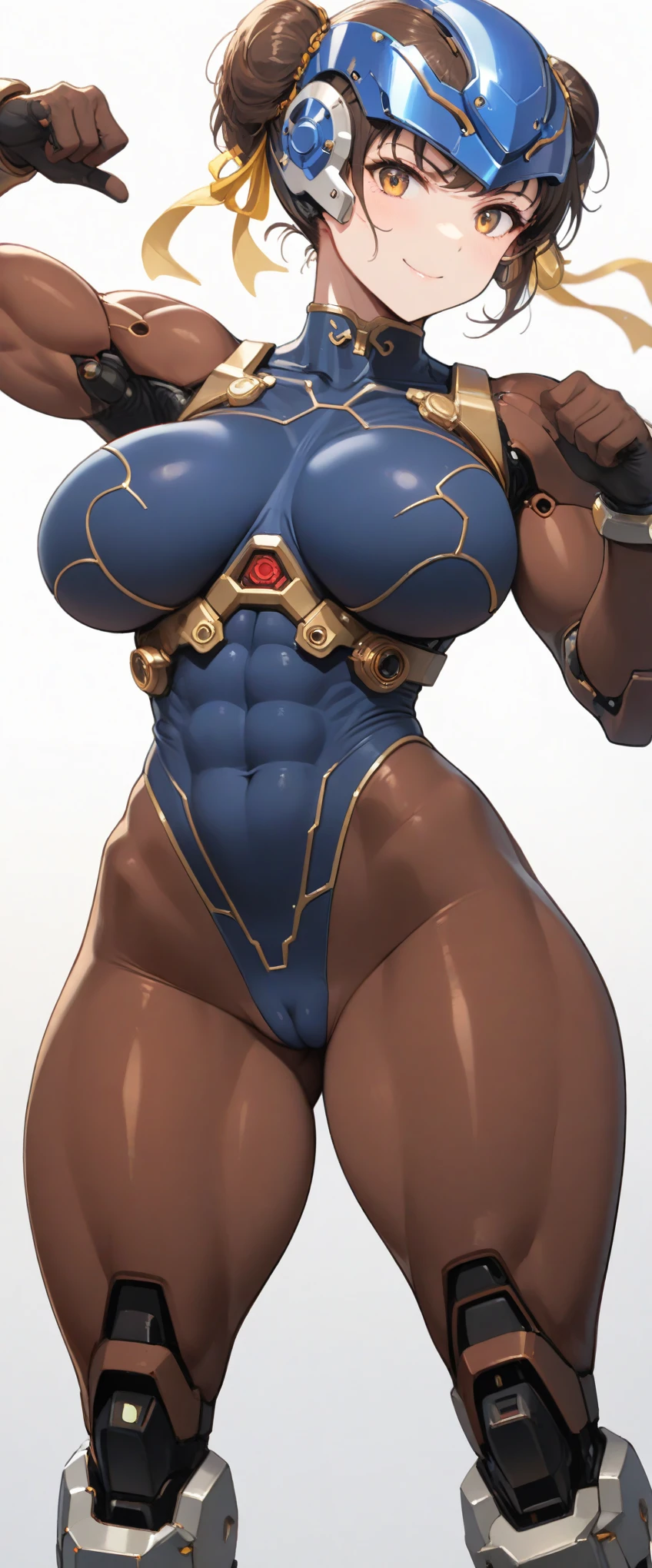 (master piece: 1.1), (Chun-Li), 1girl, gymnast pose, nice dynamic pose, solo, brown hair, big breasts, smirk smile, (yellow ribbon), short hair, (standing:1.2), mature woman, ((mechanical bodysuit, cyber helmet)), short hair, (detailed face, detailed brown eyes, glowing eyes:1.1) BREAK intricicate details on hands, intricate details on fingers, 5 fingers at hands, muscular legs, abs, curvy, (cameltoe:1.2), full body:1.2, muscular girl, ((simple white background))