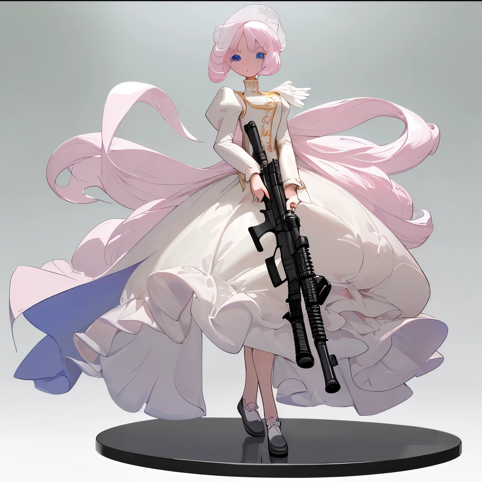 ((ultra-detailed)),masterpiece,best quality,(1 girl),(illustration),((((full-length figure)))),((transparent background)),(solo),standing,(wearing shoes on feet), ((is wearing military dress with Pelisse)),shoulder an assault rifle rifle,kawaii,cute,, beautifu detailed eyes,good looking,((an extremely delicate and beautiful)),make the eyes the same shape and color on both sides, white pink hair, blue eyes