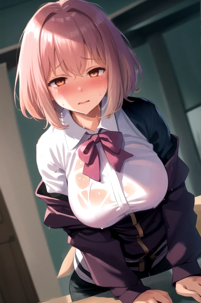 masterpiece, highest quality,Super detailed,1 girl ,indoor,Akane S,leaning forward,embarrassing, blush, shy, Upper body, Wet,dutch angle
