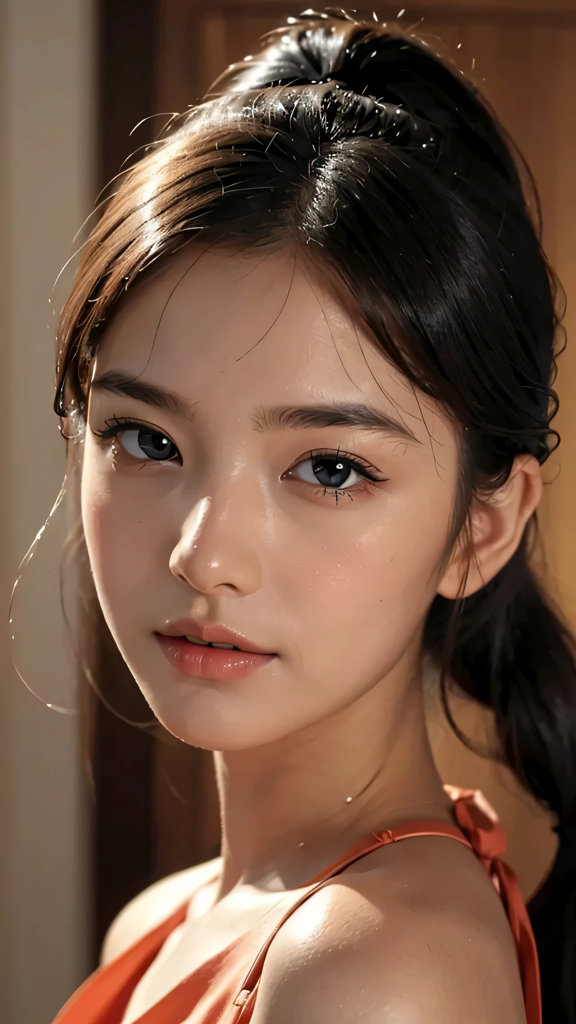 One woman,fully body photo,masutepiece, The highest image quality, High quality, the background is clear，Beautiful woman, Japanese, Detailed, Detailed eyes, Detailed skin, Beautiful skin, 超hight resolution, (reality: 1.4),Very beautiful woman, Slightly younger face, Beautiful skin, slender, (Ultra photo realsisim), (hight resolution), (8K), (Very detailed) (beautifully detailed eyes), (super detailed),   (Detailed face), view the viewer, Fine details, Detailed face, Staring straight ahead, Staring straight ahead, photos realistic, Bright lighting, Professional Lighting, Black hair,poneyTail,a baby face,sixteen years old,Hairstyle is ponytail,long ponytail hairstyle,slight smile,Orange colored long dress with lots of ruffles, softly shaped skirt,Spotlight on stage,close-up of face, 