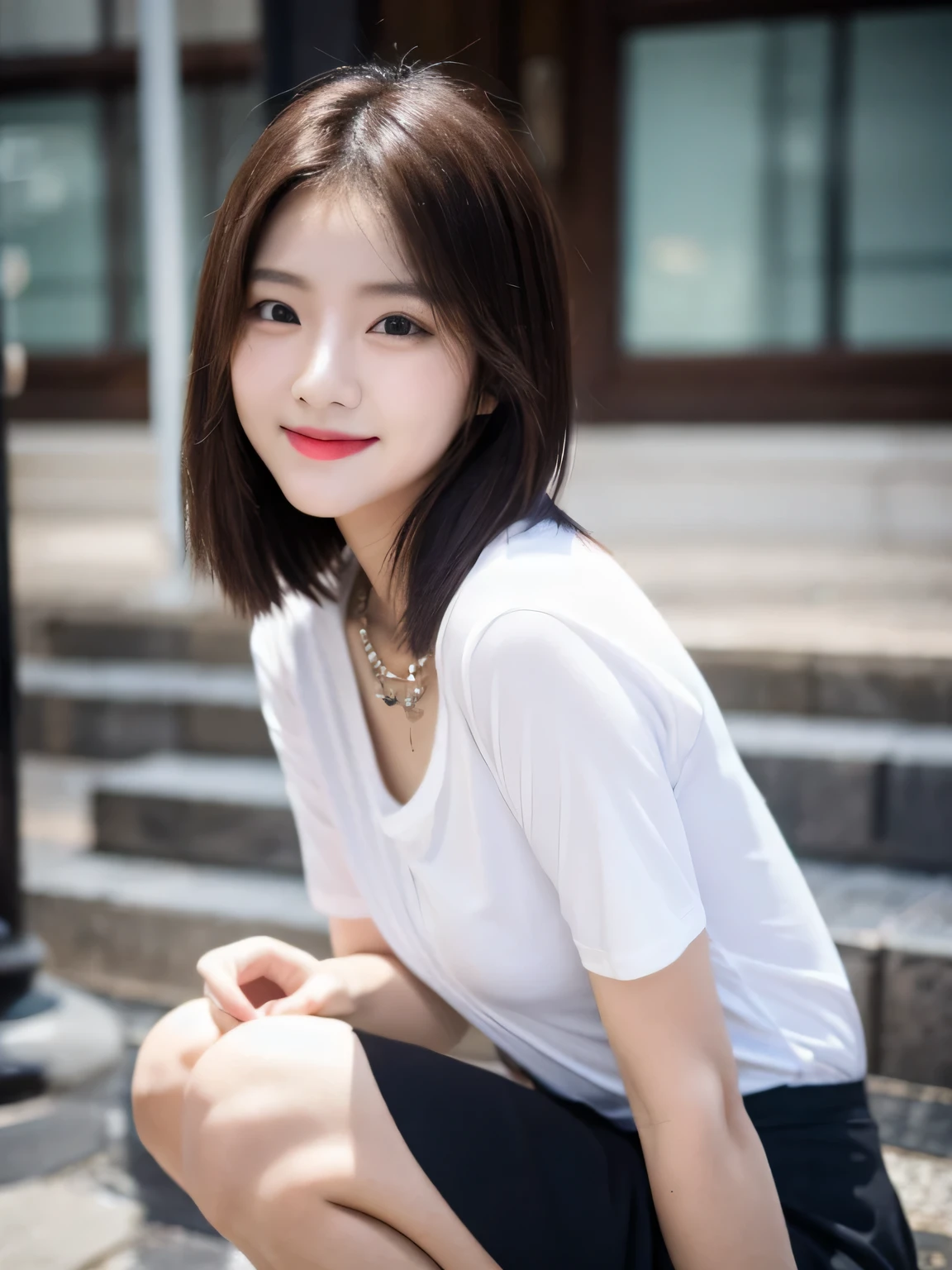 24 years old Chinese girl named Xixi Zhou with short medium hair, wearing oversize dark blue shirt in city, white skirt, perfect body 165 cm 48 kg, real Chinese face, mainland Chinese face, chubby cheeks, small eyes, mono lid eyes, thin eyebrow, thin lips, red lips, natural Chinese face, natural make up, sweet smile, an expensive necklace, dark blue shirt, full body,