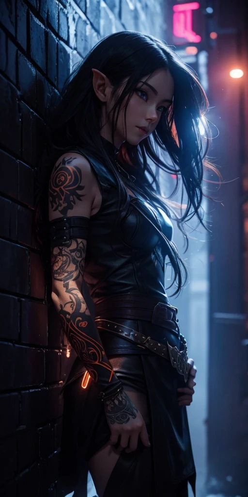 1girl, elf, female, masterpiece, extremly detailed, ((Cinematic orange lighting)), (glowing), ((dramatic lighting)), ((beautiful detailed glow)), ((faint orange light)), intricate detail, lens flare, black hair, long hair, tattoos, (red glow), red glowing tatoo, red tattoos, (simple), black leather cloth, leather armor, (black), light smile, green eyes, leaning, street, dark background, brick wall, floating hair, floating hair, looking at viewer, at night, fantasy