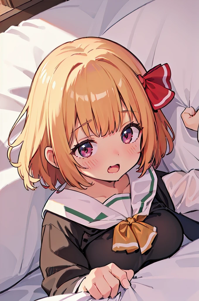 (((pnkserafuku))), best quality,ultra detail, 1girl, chibi, rumia_touhou, ((shiny hair)),((shiny glossy hair)), floating air blonde_hair, ribbon, short_hair, hair_ribbon, vest, open_mouth, red_ribbon,facing viewer, (((spread legs onbed))),(((vaginal,sex))),(((cum in pussy))),(((from above))), (((lying on bed))),(((white bed sheet))),(((lie on the pillow))),(((perfect anatomy))),(masterpiece:1.0),(Highest_quality:1.0),detailed,highly detailed,ultra detailed,extremely detailed CG,super high resolution,4k,super detailed, photograph,high resolution,8K,HDR,Highly detailed CG Unity 8k wallpaper,super detailed skin,detailed beautiful eyes,detailed beautiful face,detailed beautiful face and eyes,very detailed background,perfect,lighting,colorful, bright_front_face_lighting,shiny skin,(highly detailed background),looking at the viewer,(Focus on her face), solo, upper body, looking at viewer, upper angle, (blond), perfect quality, good quality, masterpiece, HDR, UHD missionary position,masterpiece,best quality,detailed,highly detailed,ultra detailed,extremely detailed CG,high resolution,8K,super detailed skin, ((detailed beautiful eyes)),detailed beautiful face,detailed beautiful face and eyes,very detailed background,highly detailed background,(front view),((super big breasts)),looking at viewer,The girl&#39;s breasts aren&#39;t exposed at all., You can clearly see that she has very large breasts.,((kawaii)),((orgasm face)),