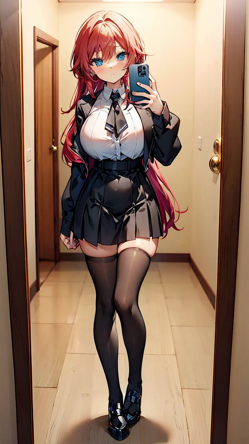 Sunsethuman, Sunset Shimmer, Sunset Shimmer from my little pony, Sunset Shimmer in the form of a girl, arm muscles,Long-sleeved shirt, On top of the blouse, school black jacket, Long skirt, tights, shoe school, black stockings, big breastes, the perfect body, selfie, selfie in mirror, iphone