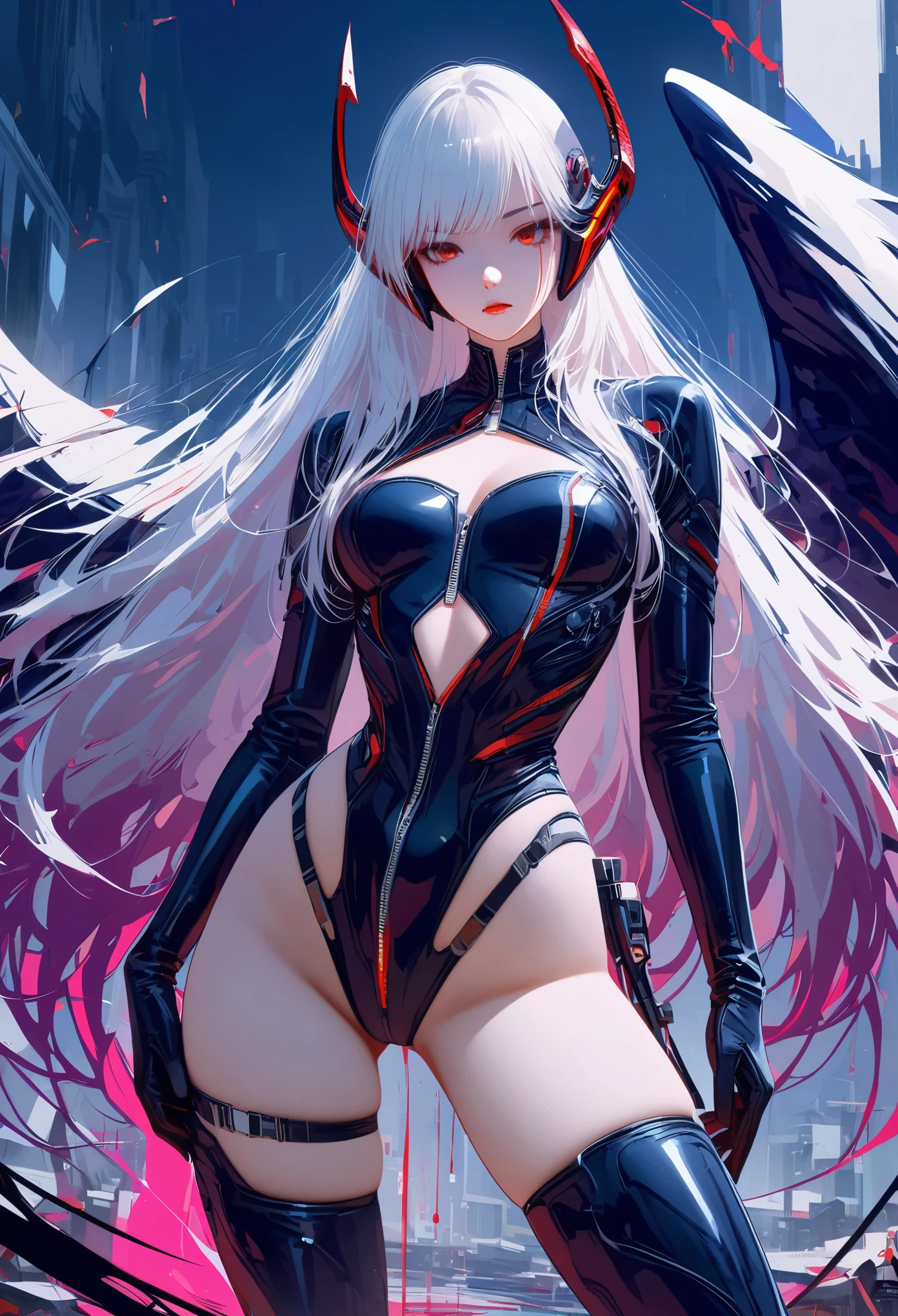 masterpiece， best quality， 8K， number， 1 girl， alone， stand up， youth， white hair， long white hair， hair accessories， Red eyes， round pupils， Emotionless expression， Blood stained mechanical parts， electric wire， cable， failure effect， scary， Science fiction， futuristic， The background inside is darker， neon lights， cyberpunk characters， surreal， Strange， Disturbing， spine-chilling， scary， Rompers，Red eyes，Venom Possession，blackened，Long black gloves，Jumpsuits，Tight latex jumpsuit，Highlight her graceful figure,将整个身体包裹stand up，symbiont，（（Raised sexy）），Rompers，Red eyes，Venom Possession，blackened，Long black gloves，Jumpsuits，Black latex clothing，Blood-Red eyes，best quality, High resolution, super detailed, Vivid textures, mask, Tight latex jumpsuit, Bangs,purple hair, blue eyes