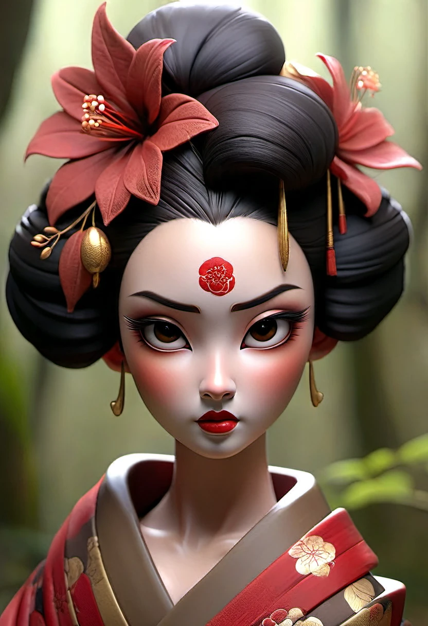 32k hires highest quality professional photography, beautiful geisha face shape, perfect anatomy, expressive gaze, dark sci-fi rotten flower swamp, misty fog, tattooed geisha, blood, wilted flowers, opl, brown, black sepia and gold filigree, minimalism. ( full-length shot, wide angle, centered, no cropping) - AR 9:16 - from 1:2
