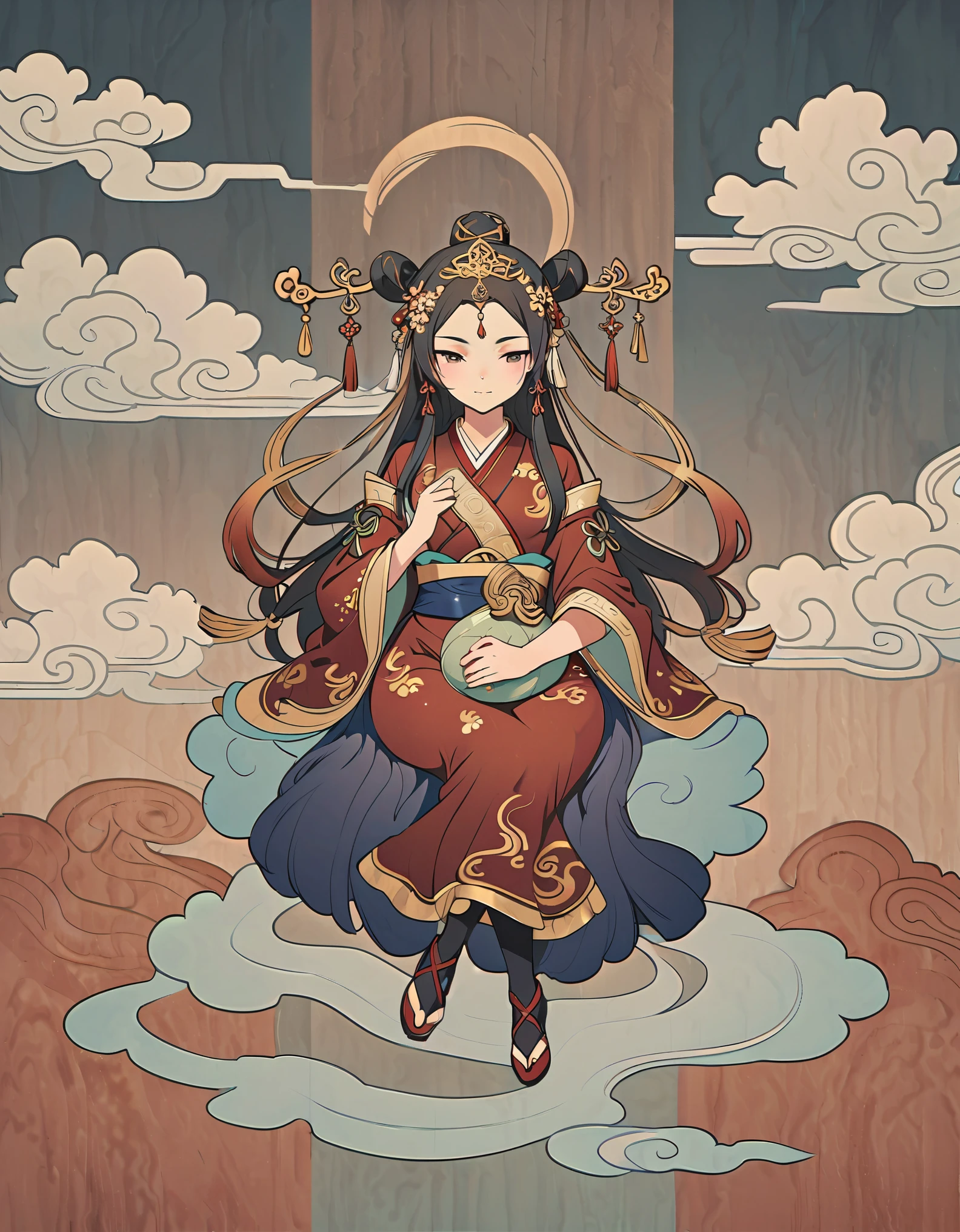 Dunhuang art style illustration,Tiny little monk sitting on the giant hand of Guanyin,Nestled in the rolling ripples,extremely delicate brushstrokes, Soft and smooth,Chinese Red and Indigo,The background is covered with auspicious cloud patterns painted with gold foil ，Negi 
