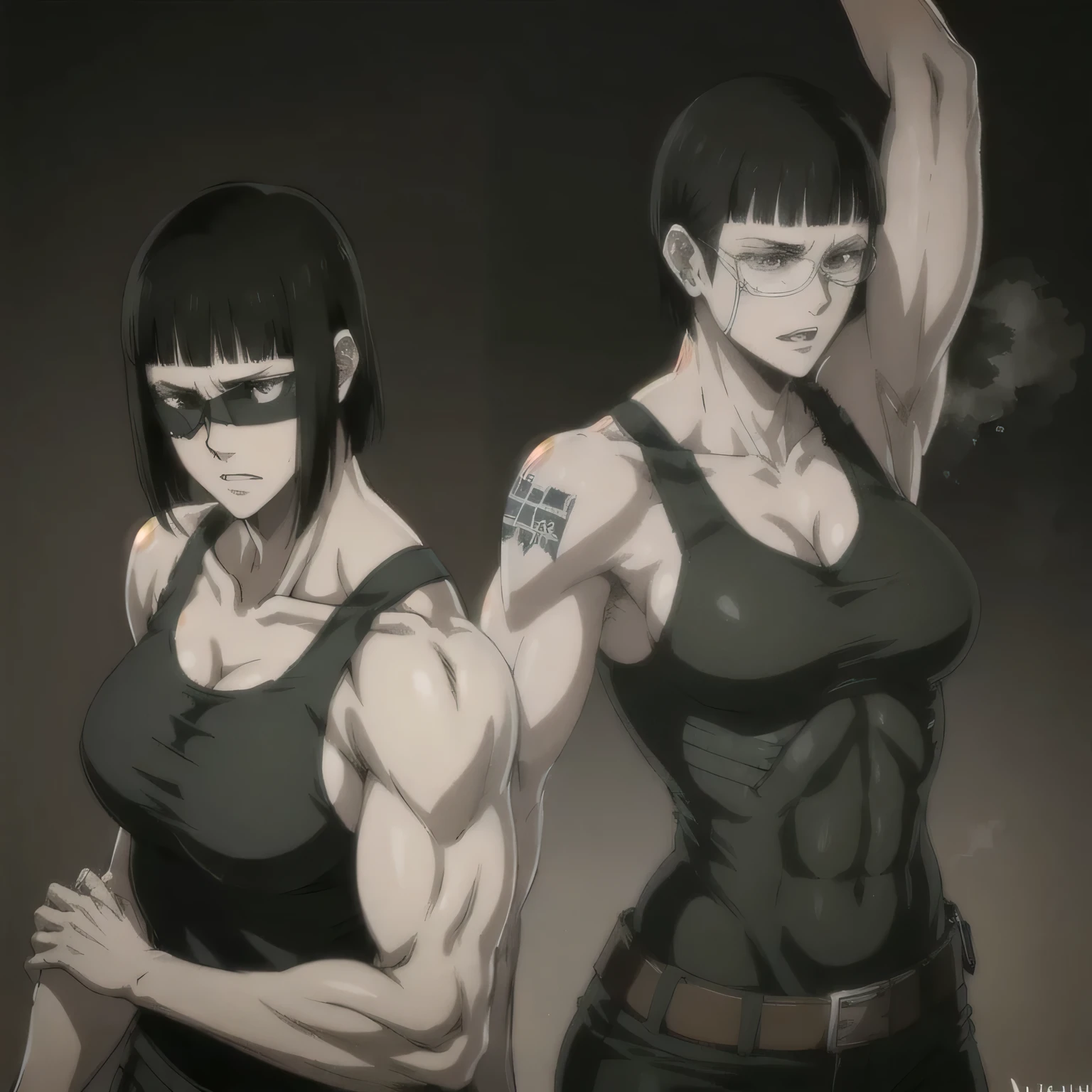 (best quality,ultra-detailed,realistic:1.37), military, muscular girl with sculpted body wearing a tank top, beautiful tattoo on girl's shoulder, full review of the female character's face and body, intense expression, strong and confident posture, studio lighting, vivid colors, physiologically-based rendering, grungy texture, rugged background, dust particles in the air, commanding presence, professional, powerful, gritty aesthetics,,Valmet with her muscles back eye patch,short hair,back muscles naked