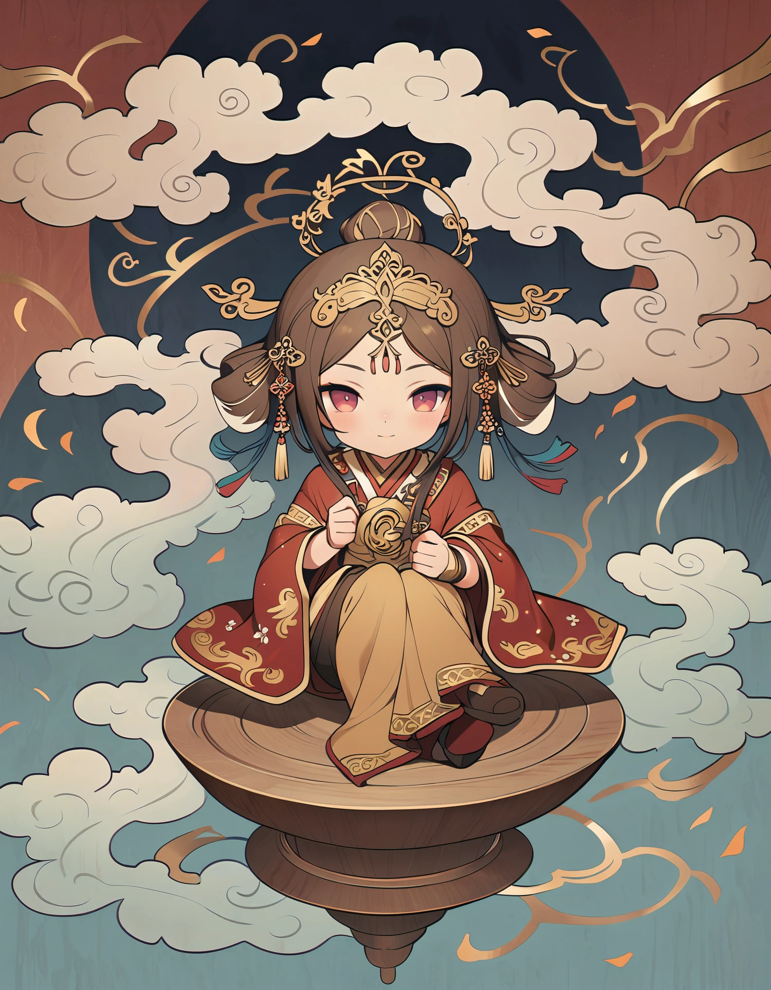 Dunhuang art style illustration,Tiny little monk sitting on the giant hand of Guanyin,Nestled in the rolling ripples,extremely delicate brushstrokes, Soft and smooth,Chinese Red and Indigo,The background is covered with auspicious cloud patterns painted with gold foil ，Negi 
