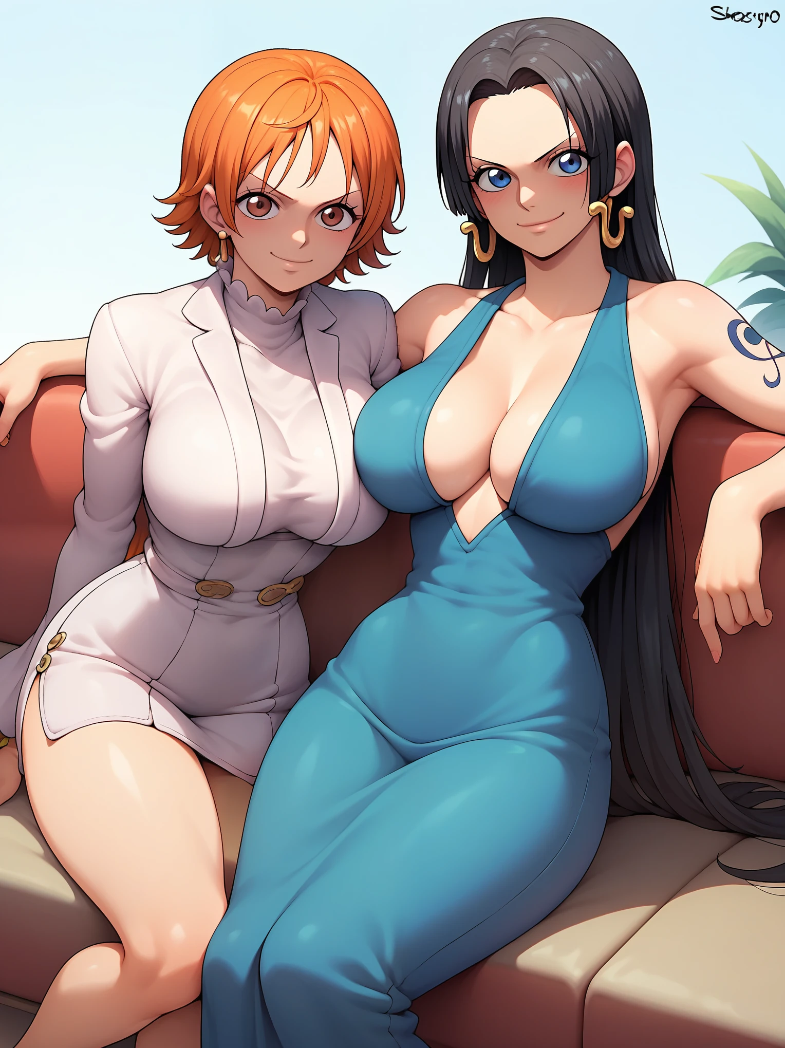 score_9,score_8_up,score_7_up,rating: general,girls, duo, long hair,breasts,looking at viewer,blush,tits, closed mouth,shexyo, shexyo style, boa hancock, couch, balcony, fancy couch, white couch, one piece, fancy, underwear, smirk, smug, tits, nami, nami and boa hanock, nami (short hair, orange hair, brown eyes), boa hancock (black hair, blue eyes, long hair)