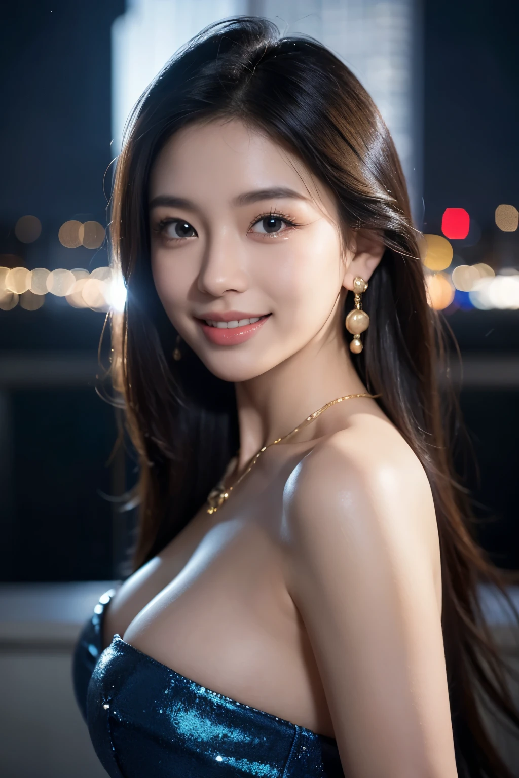 8k, masterpiece, RAW photo, best quality, photorealistic, extremely detailed CG unity 8k wallpaper, Depth of field, Cinematic Light, Lens Flare, Ray tracing, (extremely beautiful face, beautiful lips, beautiful eyes), intricate detail face, ((ultra detailed skin), Photo of Pretty 1 girl best qualtiy， ultra high resolution,（realisticlying：1.4), in the dark, deep shadow, pretty asian girl, ((looking at viewer)),(big smile), (blurry background), midnight, (pretty girl), earrings, bracelets, necklace, clear eyes, extreme long shot, face forward, (big eyes), (looking at viewer), large breasts, ((smile)), rooftop, dim lights, ((night)), cityscape, blue eyes, golden dress, open breast, veranda, medium buttack shot)