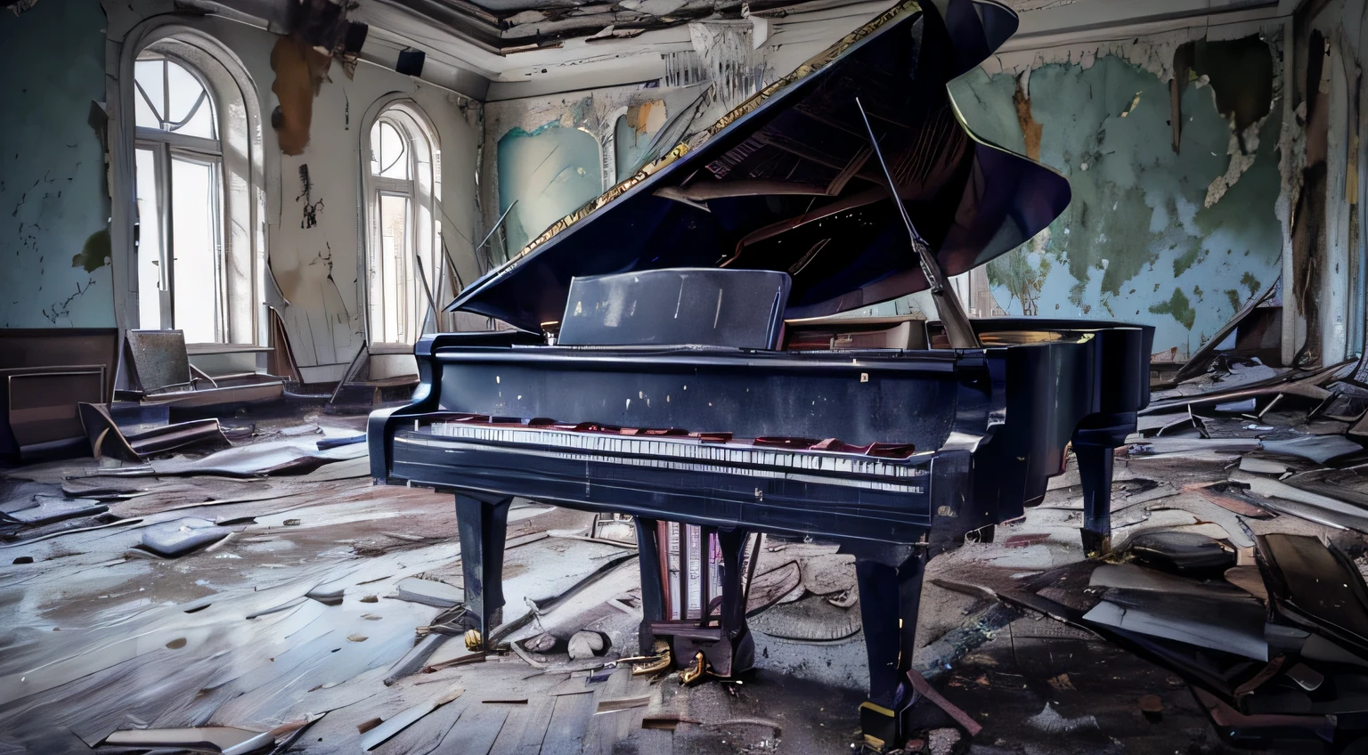 a close up of a grand piano in an abandoned room, abandoned vibes, abandoned, an abandoned, pianos, grand piano, abandoned places, piano in the background, urbex photography, an abandoned old, piano, abandoned spaces, beautiful decay, in a derelict house, real pianos, full piano, decayed, urbex, decay, everything seems abandoned