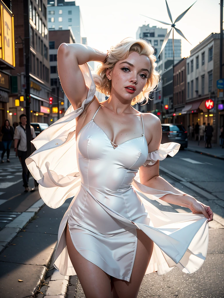 hyperrealism, (photorealistic:1.2), (film grain:1.3), masterpiece, best quality, perfect detail, cinematic lighting, professional photo, realistic photo, raw photo, retro style, Marilyn Monroe, (white summer dress:1.3), worth  outdoors, (the wind lifts the hem of the dress: 1.4), white panties, windy, busy street, midday, soft lighting